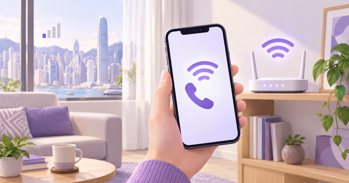 家居內使用手機 Wi‑Fi 通話的示意插畫