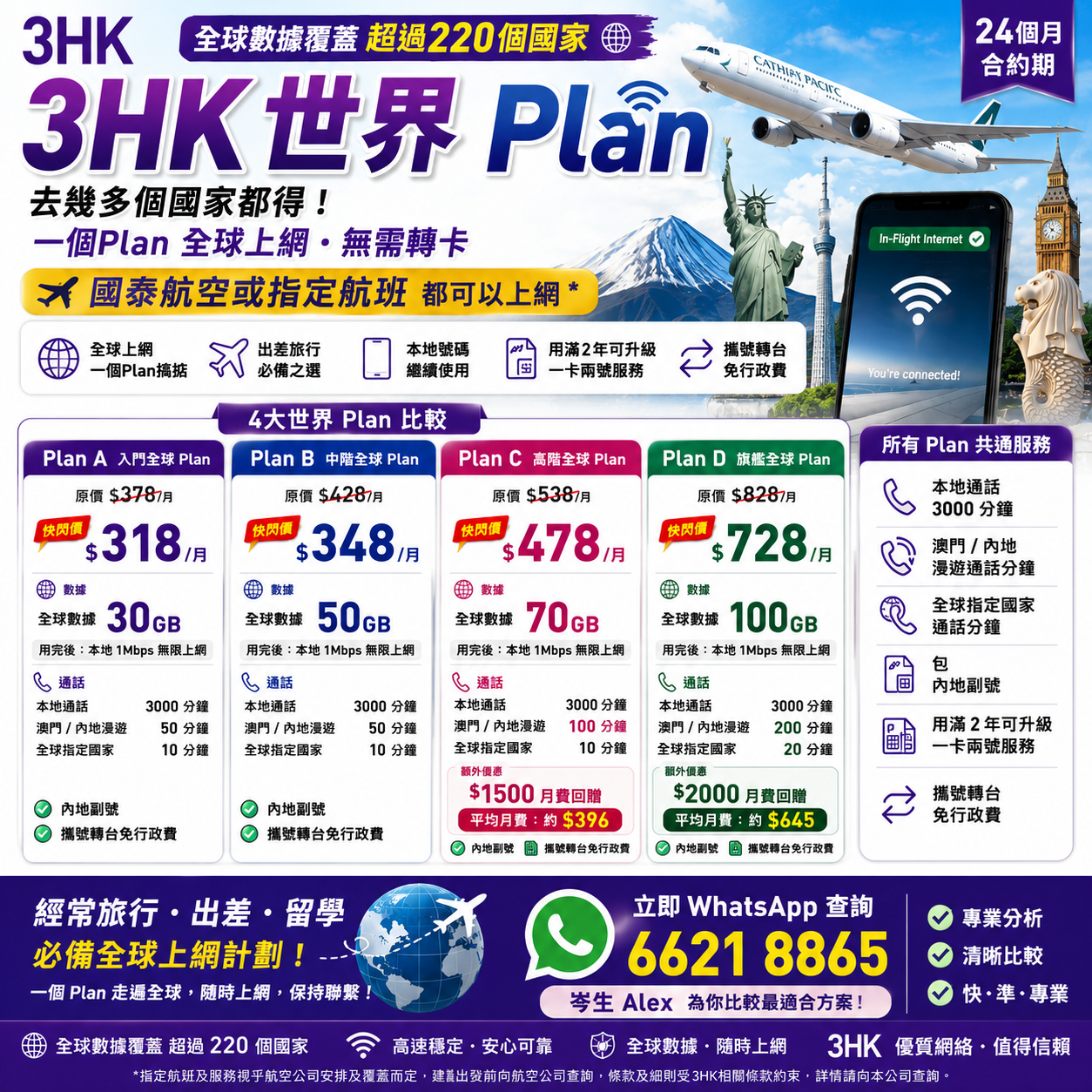 3HK 世界 Plan 2026 全球數據計劃比較，覆蓋超過220個國家及支援國泰或指定航班上網